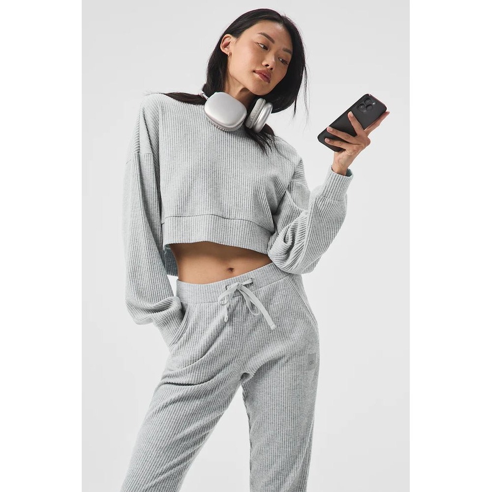 Alo Yoga Muse Hoodie Ribbed Cropped Pullover S Grey Athleisure Loungewear